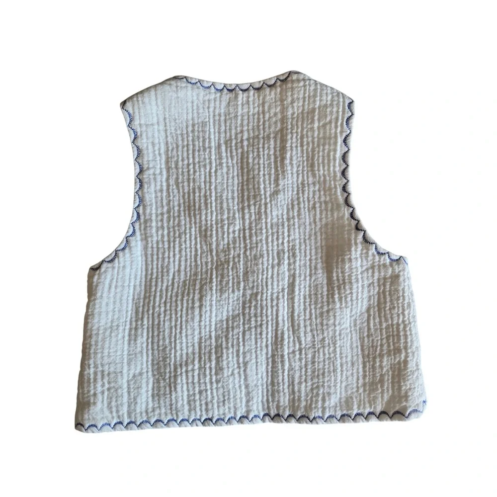 Zara Girls White Quilted Cotton Vest Blue Scallop Beaded Size 6-7Y‎ Coastal Boho
